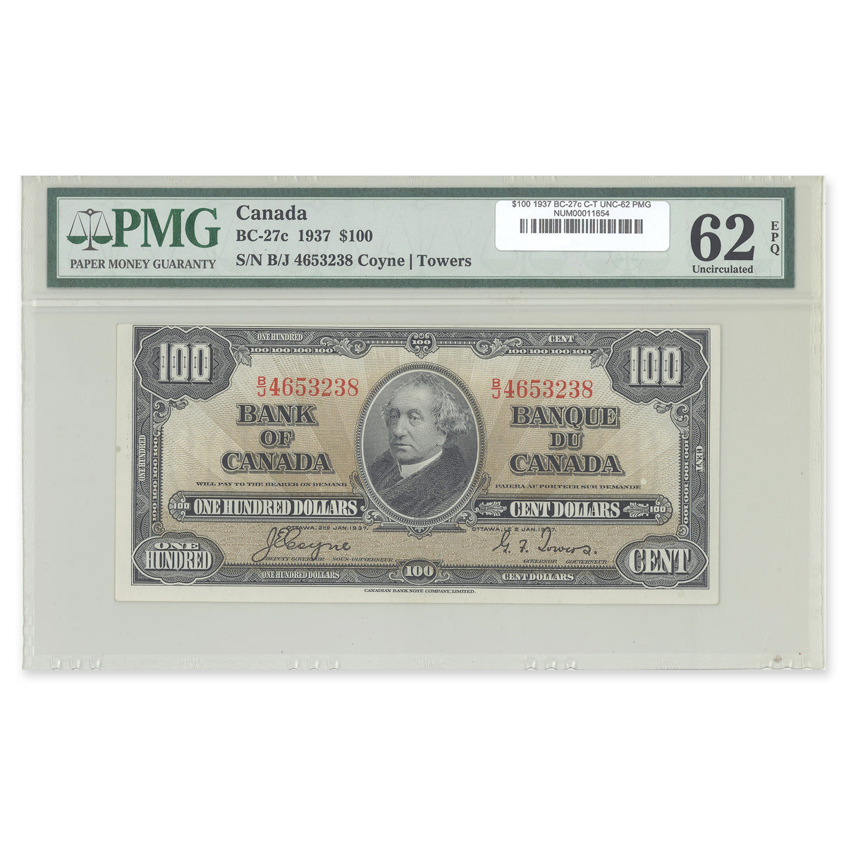 $100 1937 BC-27c Coyne-Towers Prefix B/J PMG UNC-62 EPQ