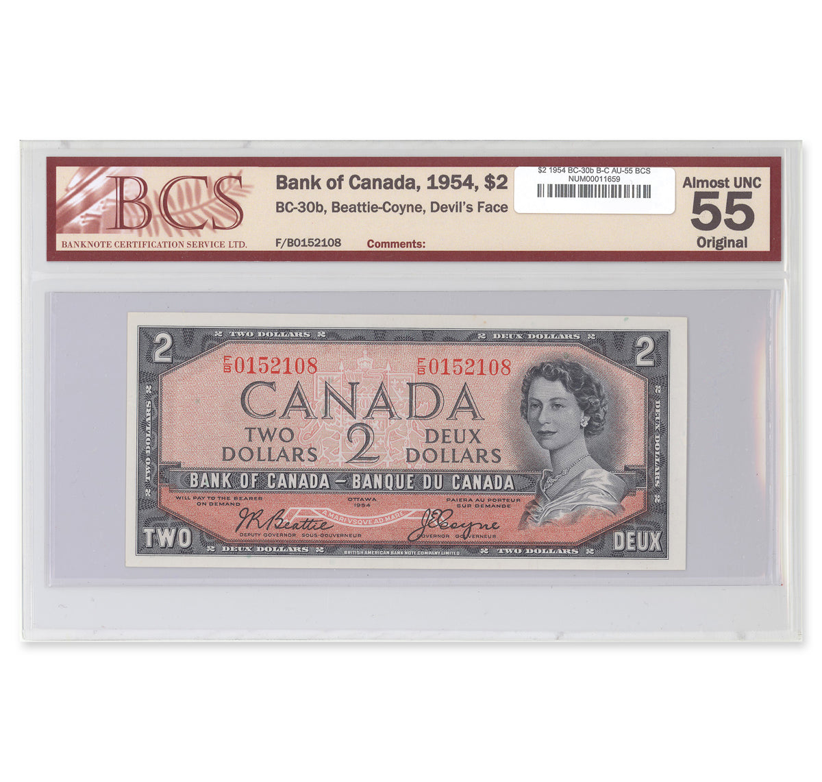 $2 1954 Devil's Face Series BC-30b Beattie-Coyne Prefix F/B BCS AU-55 Original