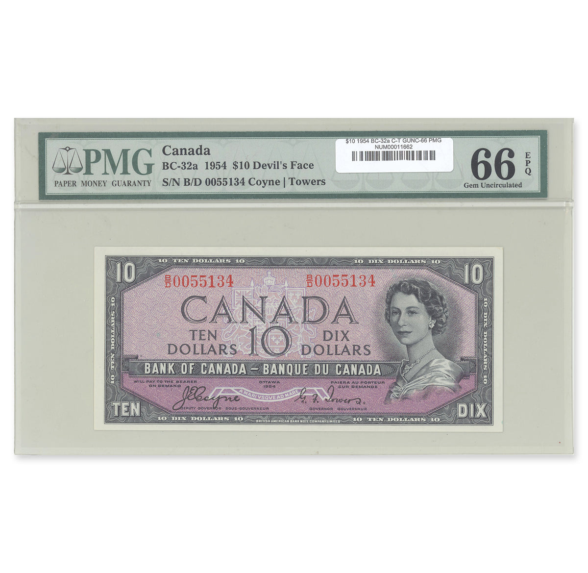$10 1954 Devil's Face Series BC-32a Coyne-Towers Prefix B/D PMG GUNC-66 EPQ