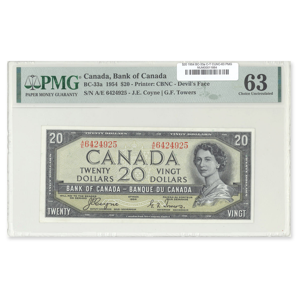 $20 1954 Devil's Face Series BC-33a Coyne-Towers Prefix A/E PMG CUNC-63
