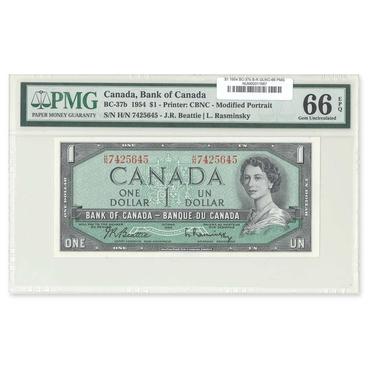 $1 1954 Modified Series BC-37b Beattie-Rasminsky Prefix H/N PMG GUNC-66 EPQ