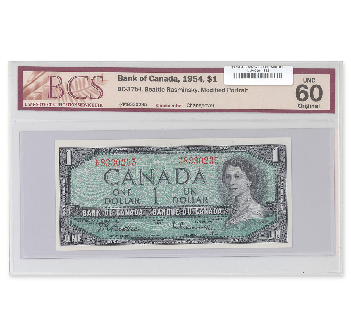 $1 1954 Modified Series BC-37b-i Beattie-Rasminsky Prefix H/M BCS UNC-60 Original