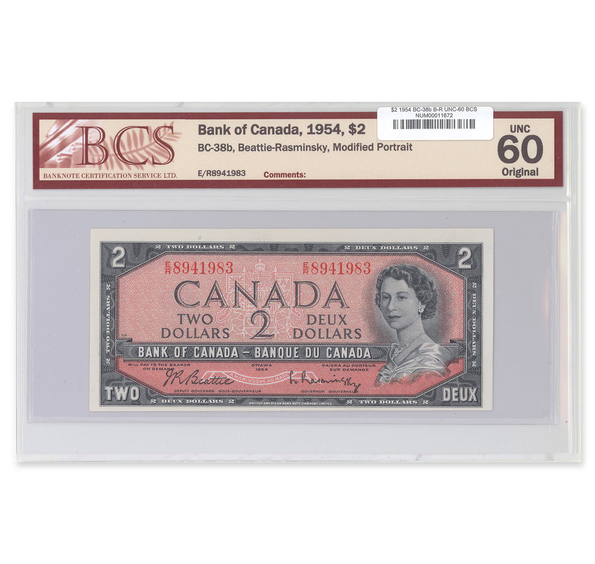 $2 1954 Modified Series BC-38b Beattie-Rasminsky Prefix E/R BCS UNC-60 Original