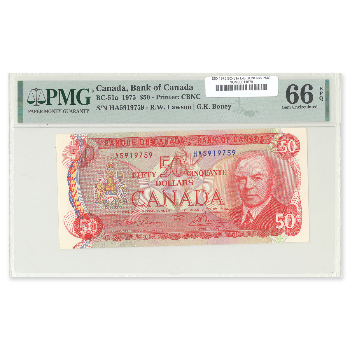 $50 1975 BC-51a Lawson-Bouey Prefix HA PMG GUNC-66 EPQ