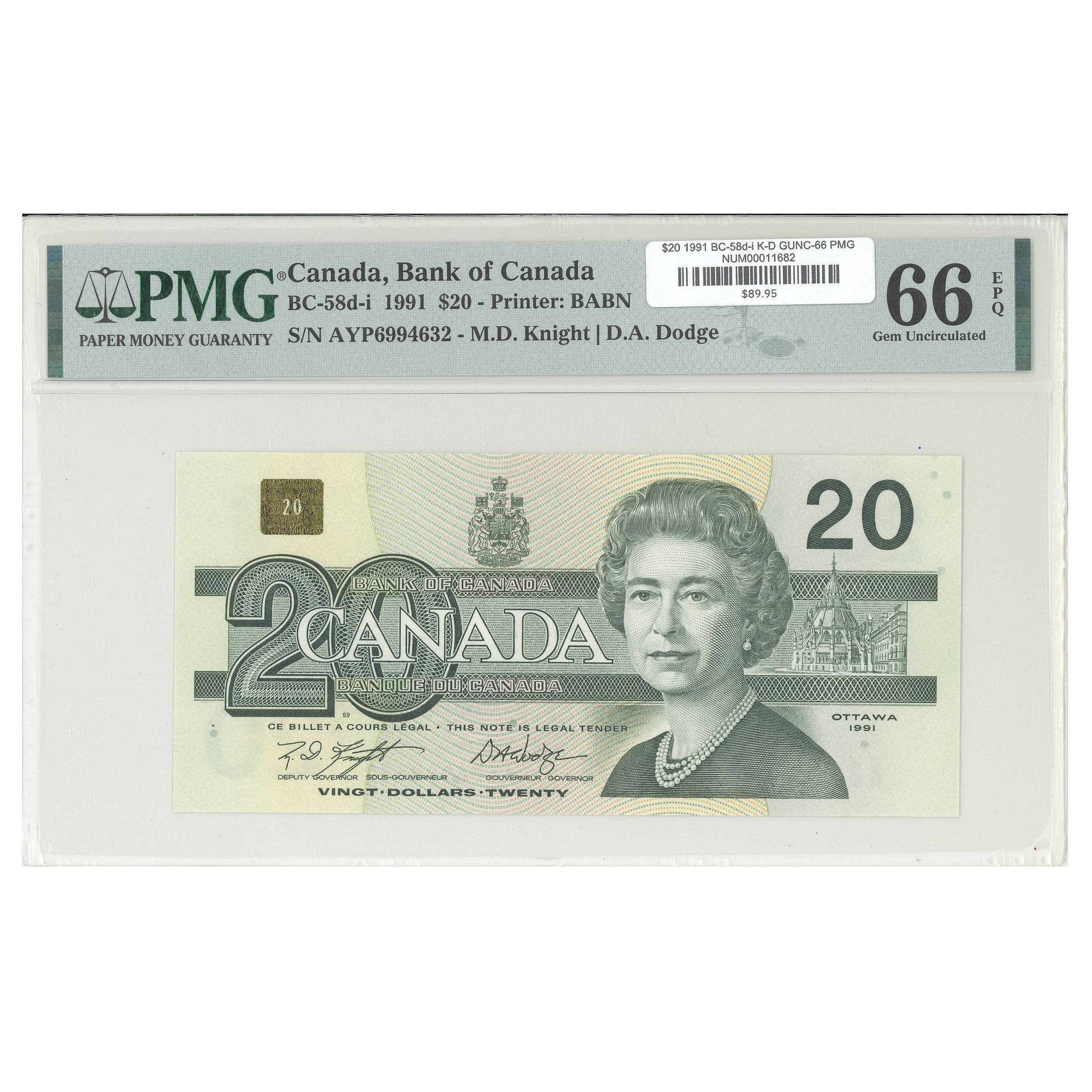 $20 1991 BC-58d-i Knight-Dodge Prefix AYP PMG GUNC-66 EPQ