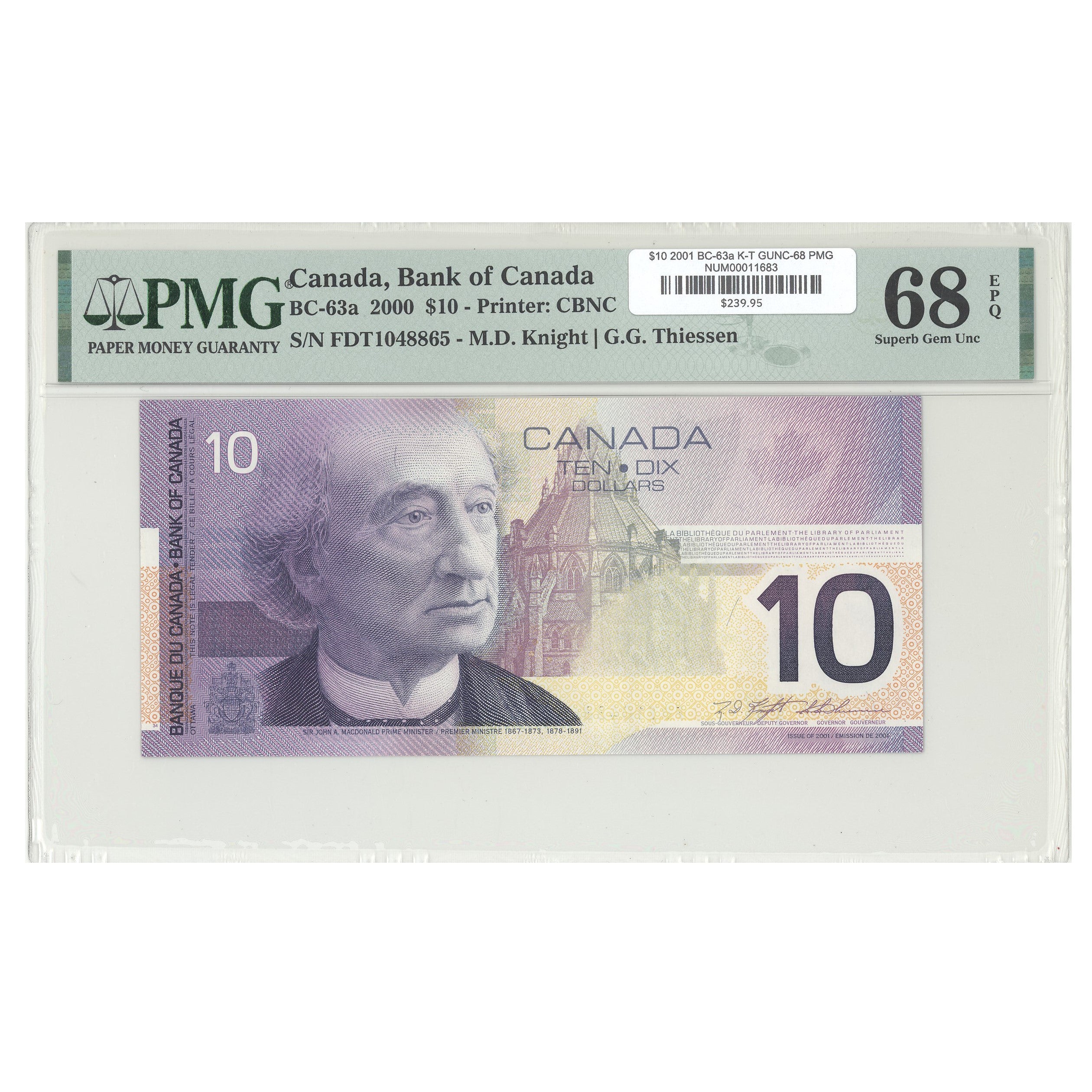 $10 2001 BC-63a Knight-Thiessen Prefix FDT PMG GUNC-68 EPQ