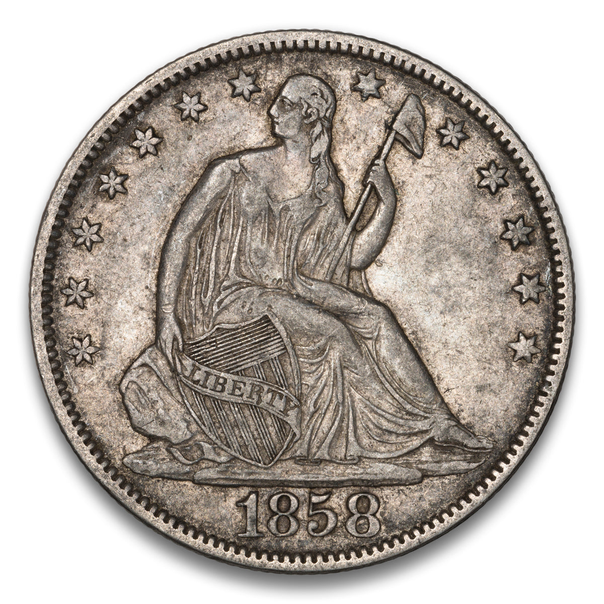 US 50 Cent Seated No Motto 1858 WB-13 Catfish Foot Non-Certified EF-40