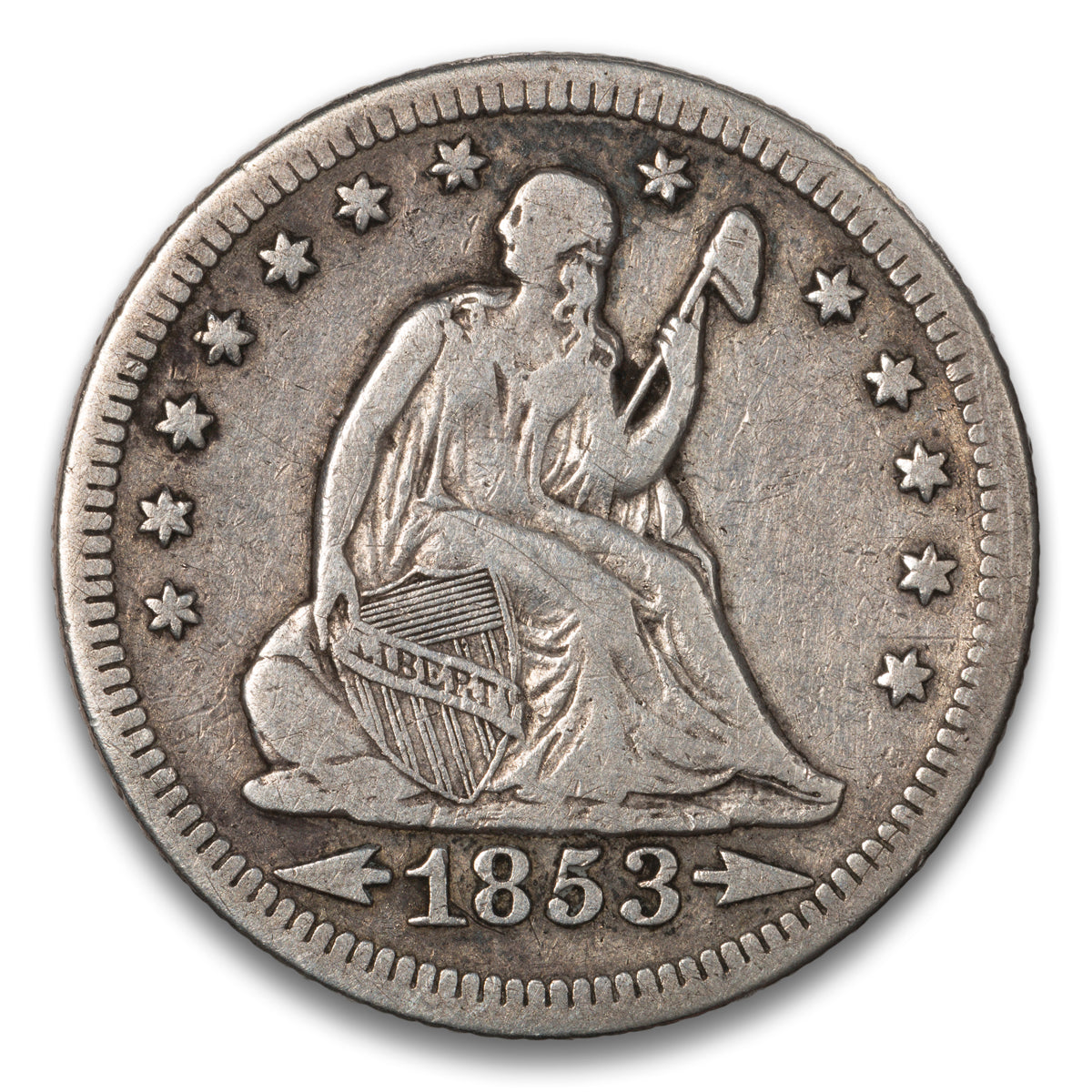 US 25 Cent Seated Arrows & Rays 1853 VF-25