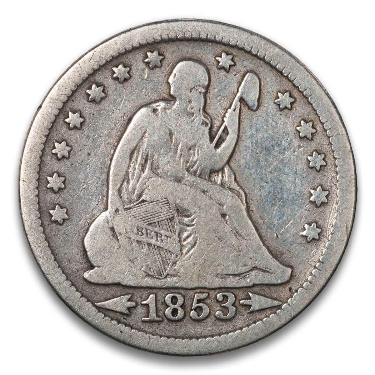 US 25 Cent Seated Arrows & Rays 1853 VG-8