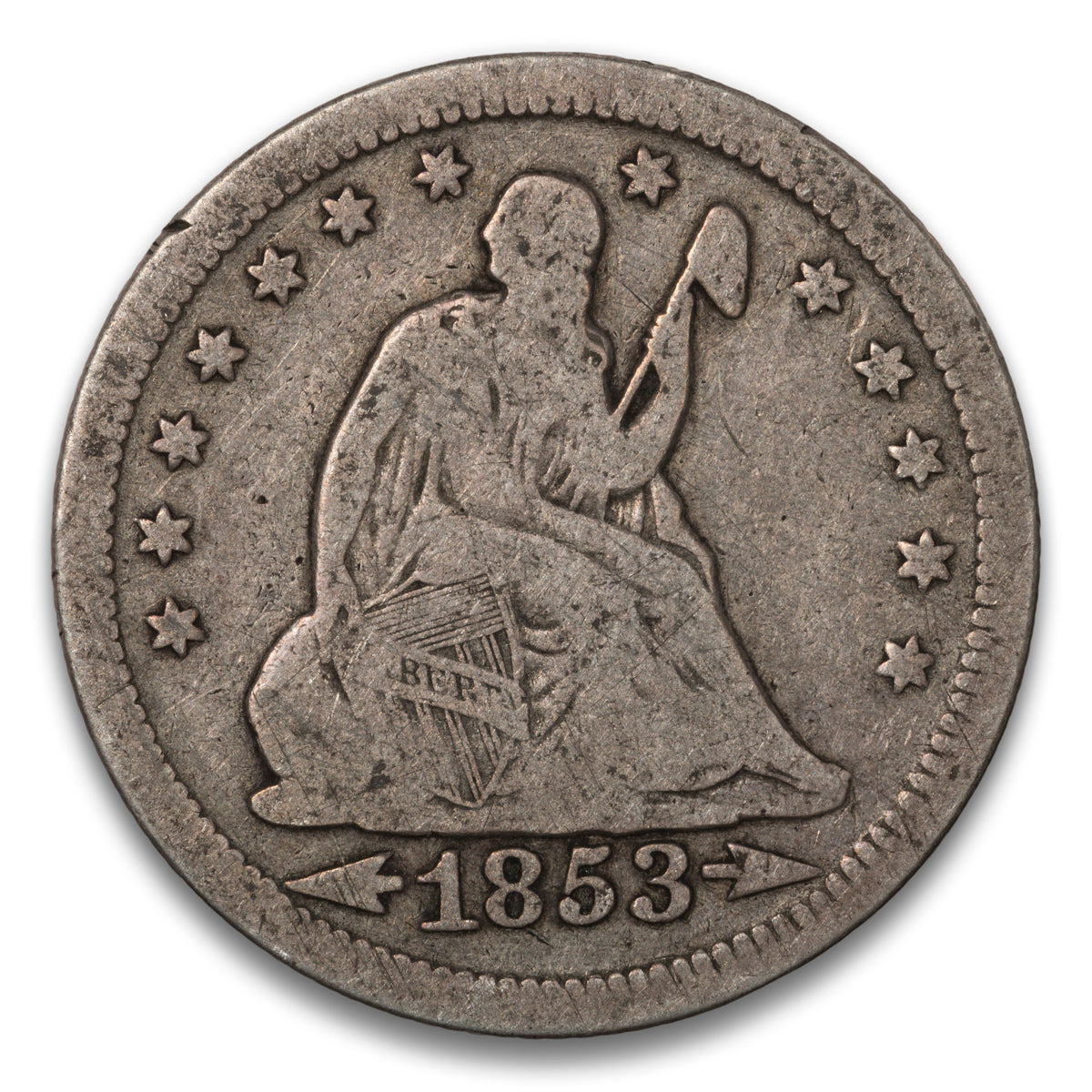 US 25 Cent Seated Arrows & Rays 1853 VG-8