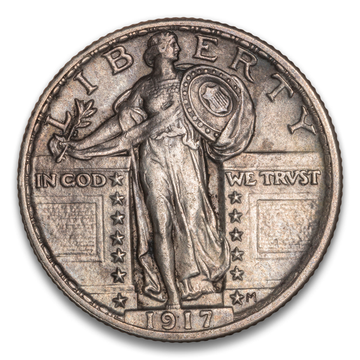 US 25 Cent Standing 1917 Variety 2 AU-55 Full Head