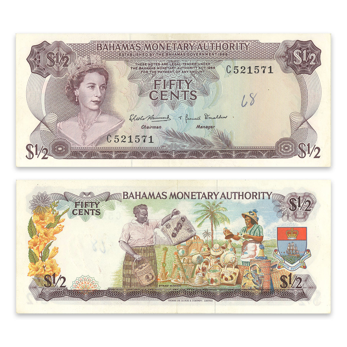 Bahamas 1/2 Dollar 1968 P# 26a AU-50