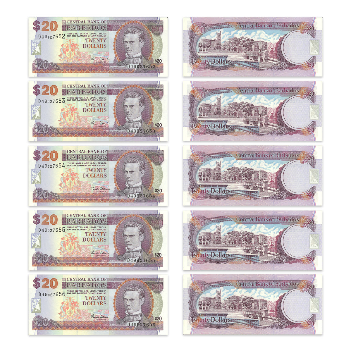 Barbados 20 Dollars 2000 Consecutive Pair P# 63A Consec AU-50