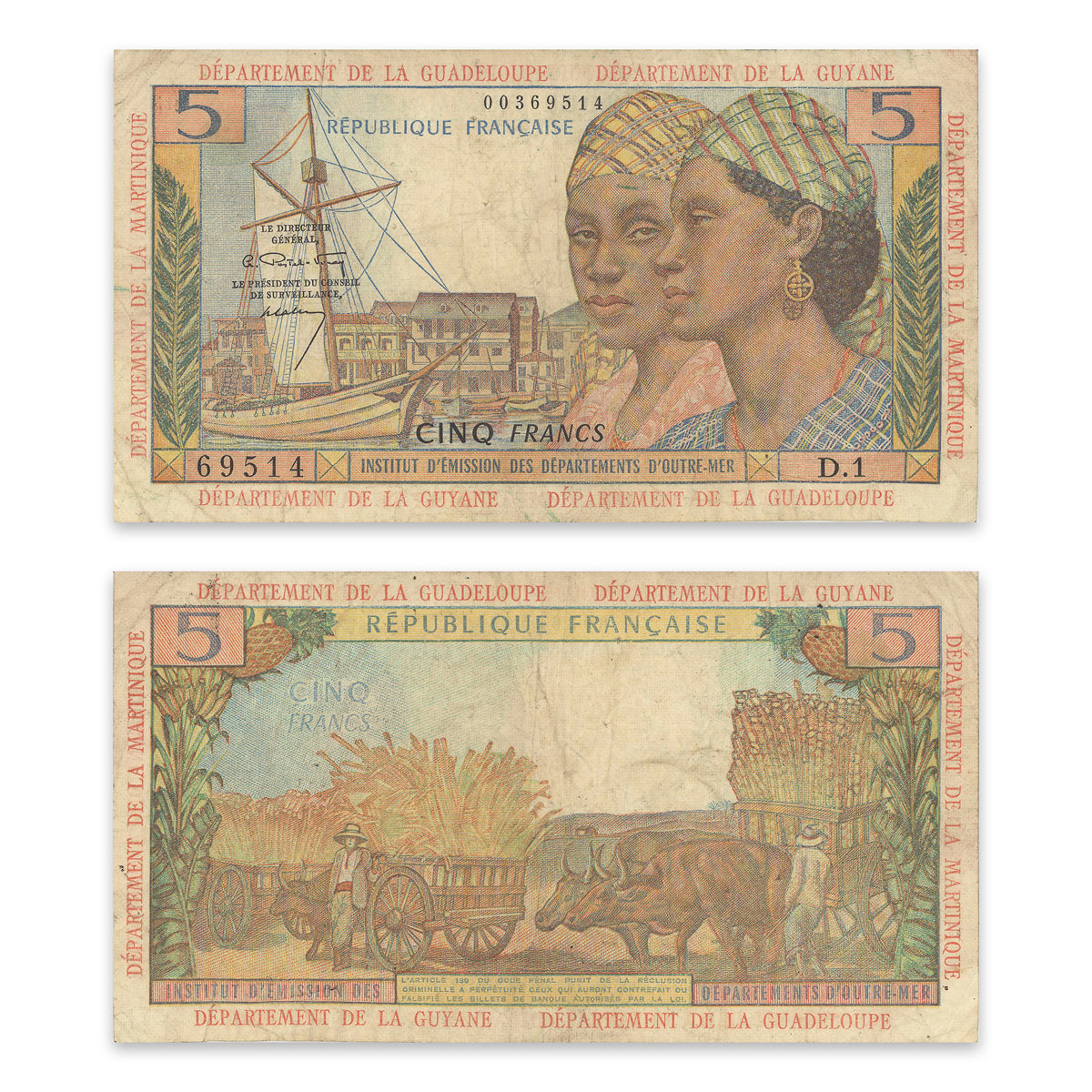 French Antilles 5 Francs 1964 P# 7a F-15