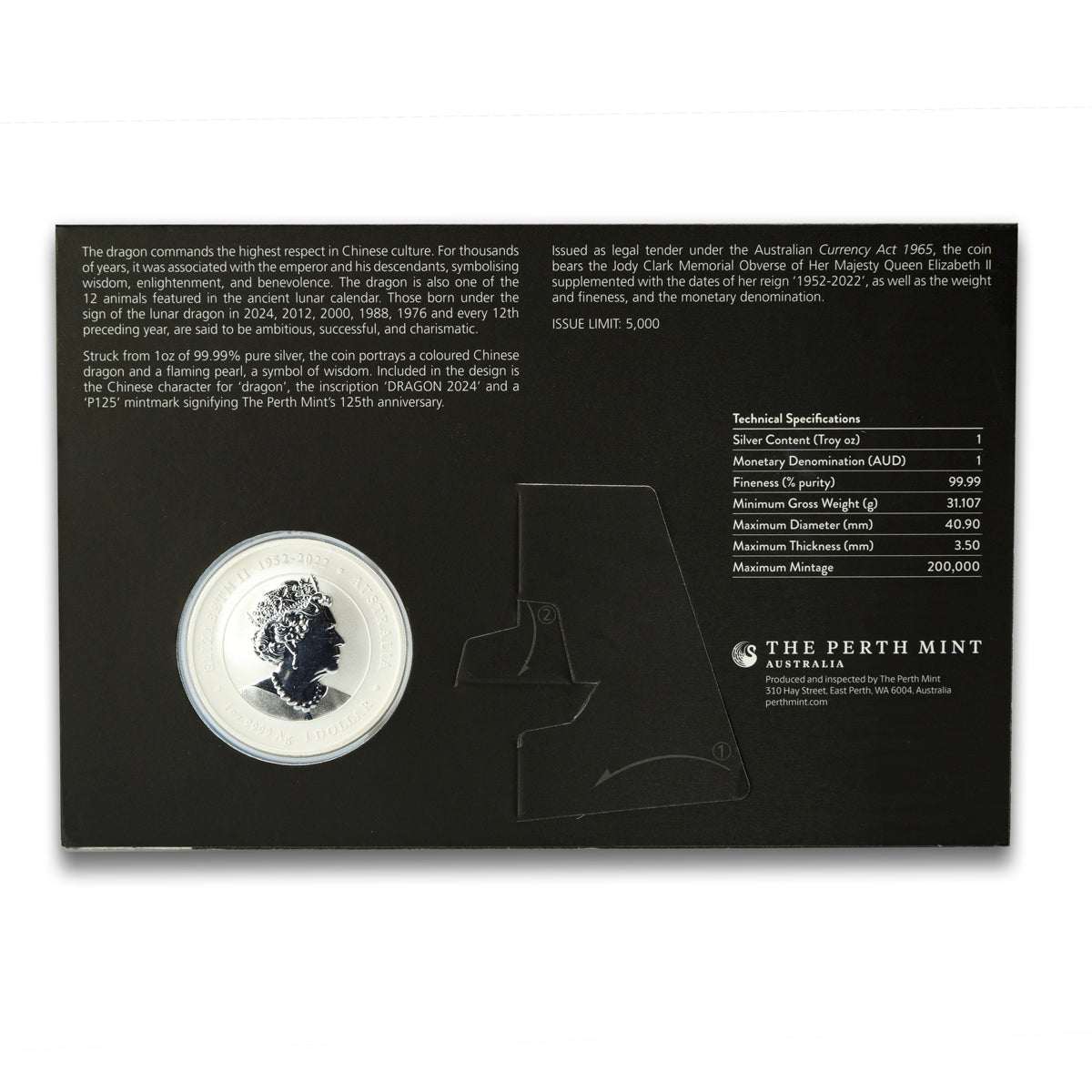 2024 $1 Australian Lunar Series III: White Dragon - Pure Silver Coloured Coin