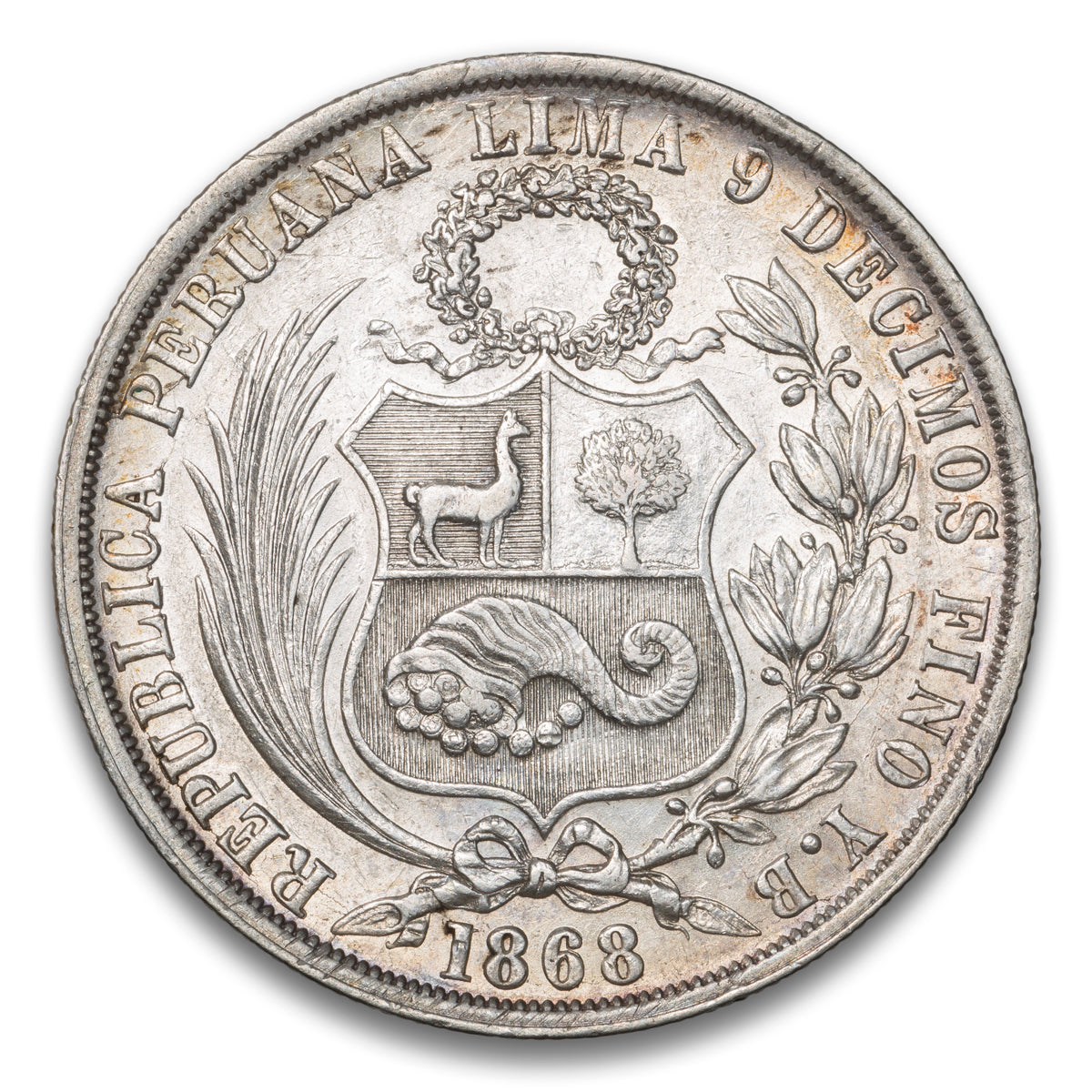 Peru Arabic 1 Silver 1 Sol 1868 YB