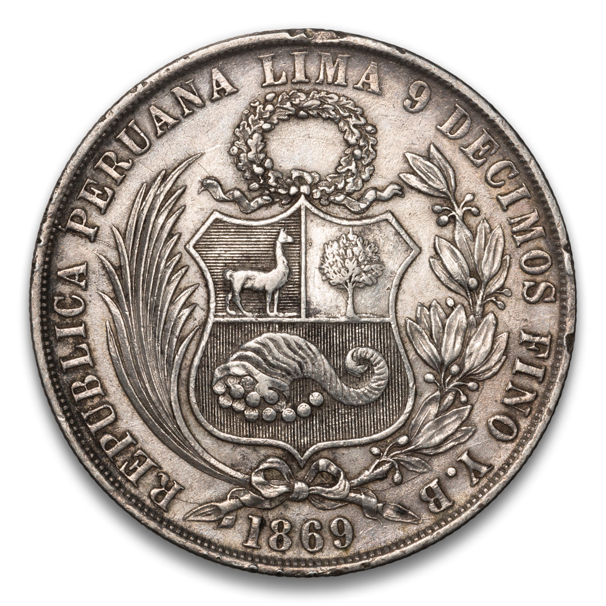Peru Arabic 1 Silver 1 Sol 1869 YB