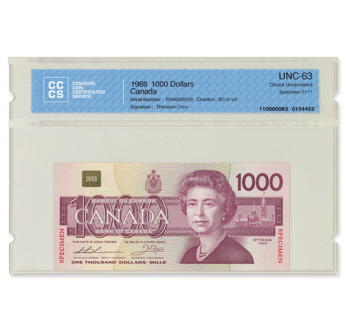 $1000 1988 BC-61aS Specimen Thiessen-Crow CCCS CUNC-63