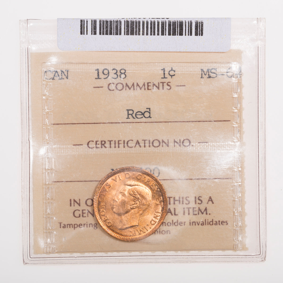 1 Cent 1938 ICCS MS-64 Red