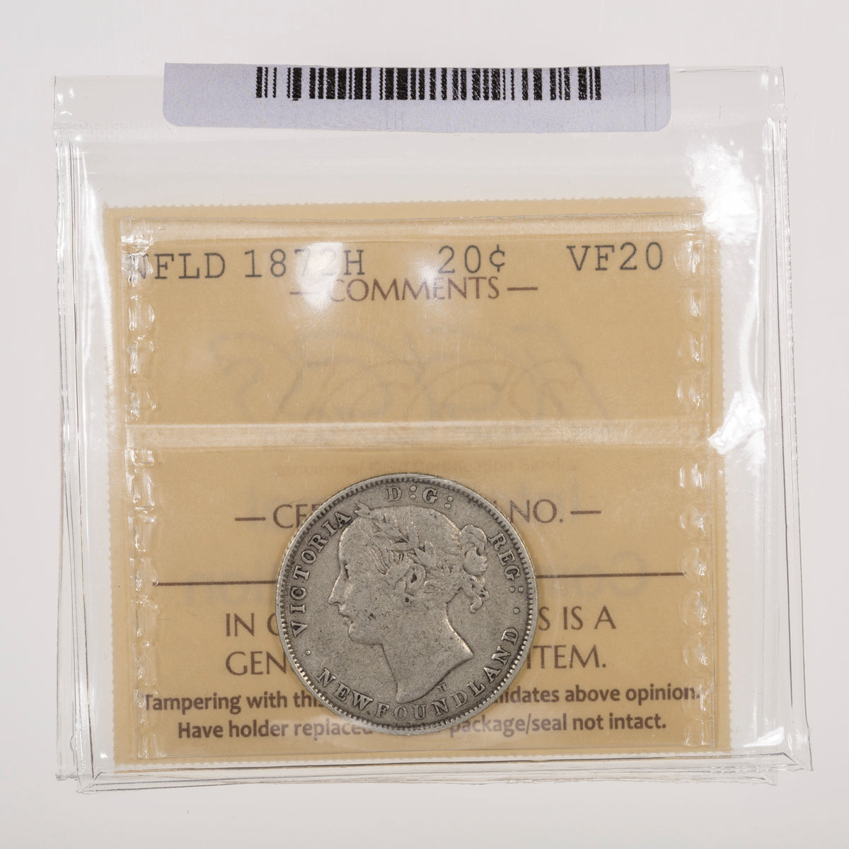 NFLD 20 Cent 1872H ICCS VF-20