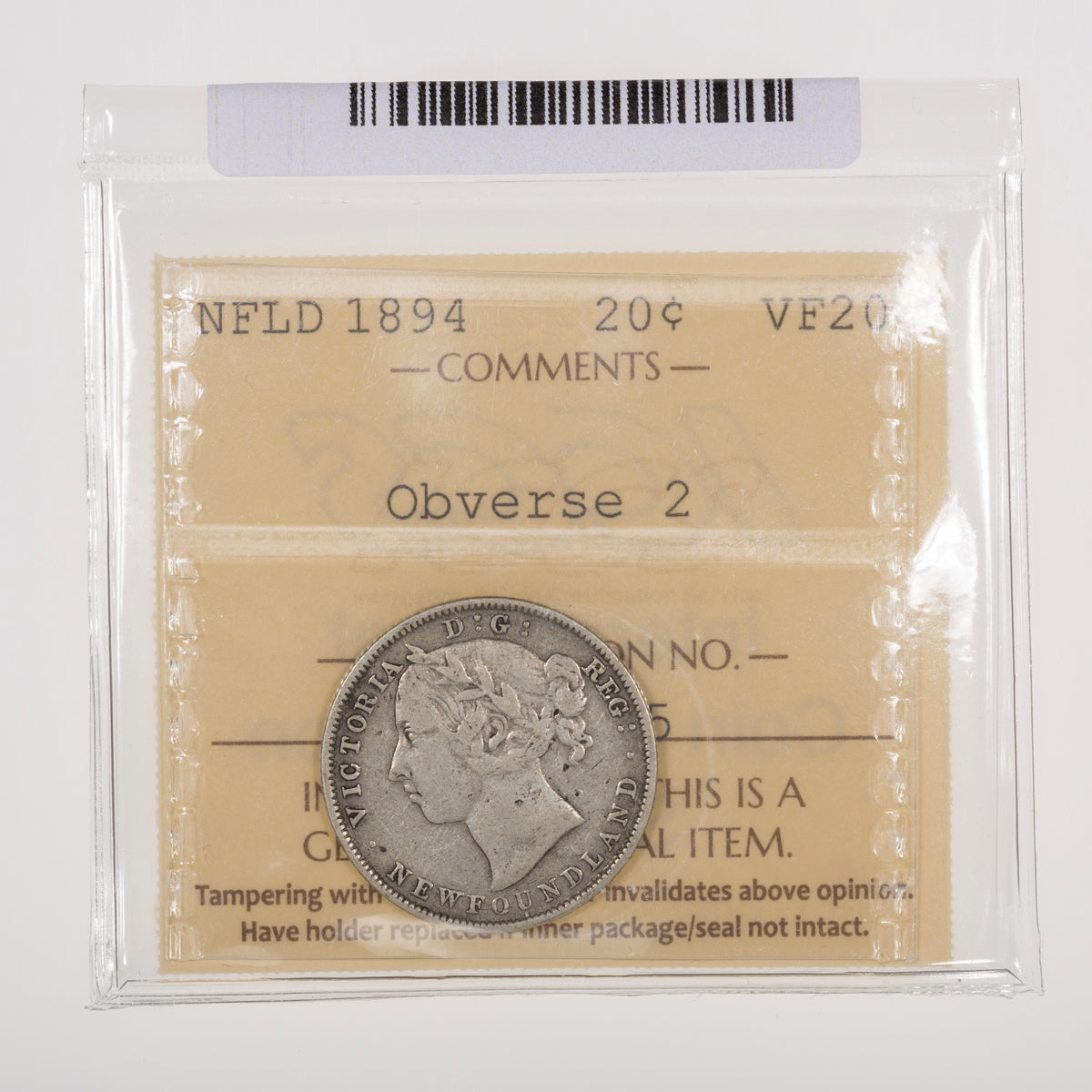 NFLD 20 Cent 1894 Obverse 2 ICCS VF-20