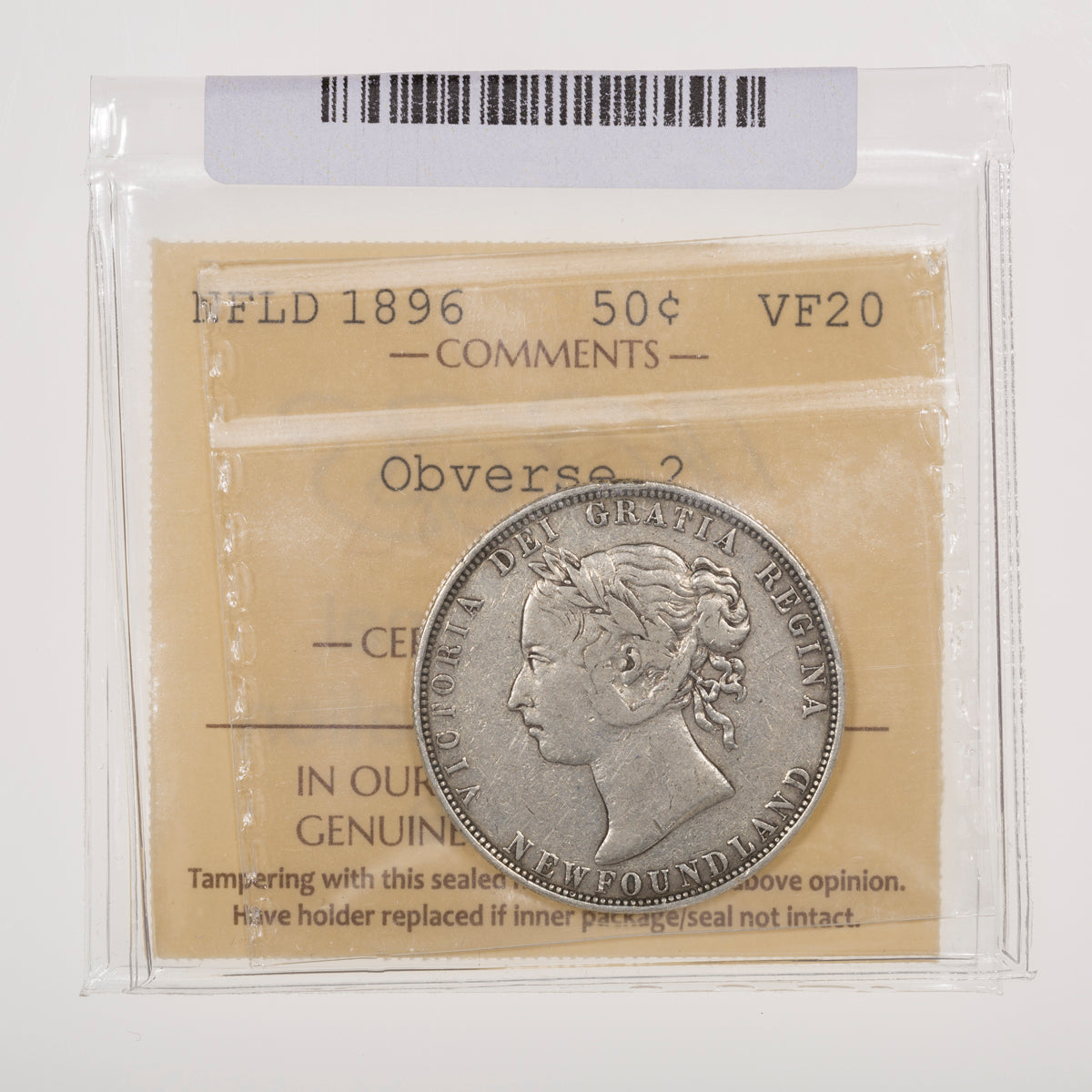 NFLD 50 Cent 1896 Obverse 2 ICCS VF-20