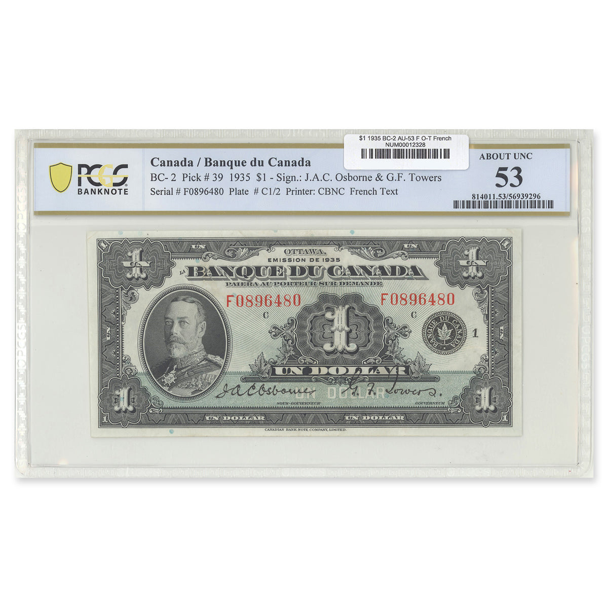 1935 $1 French BC-2 Osborne-Towers Prefix F PCGS AU-53