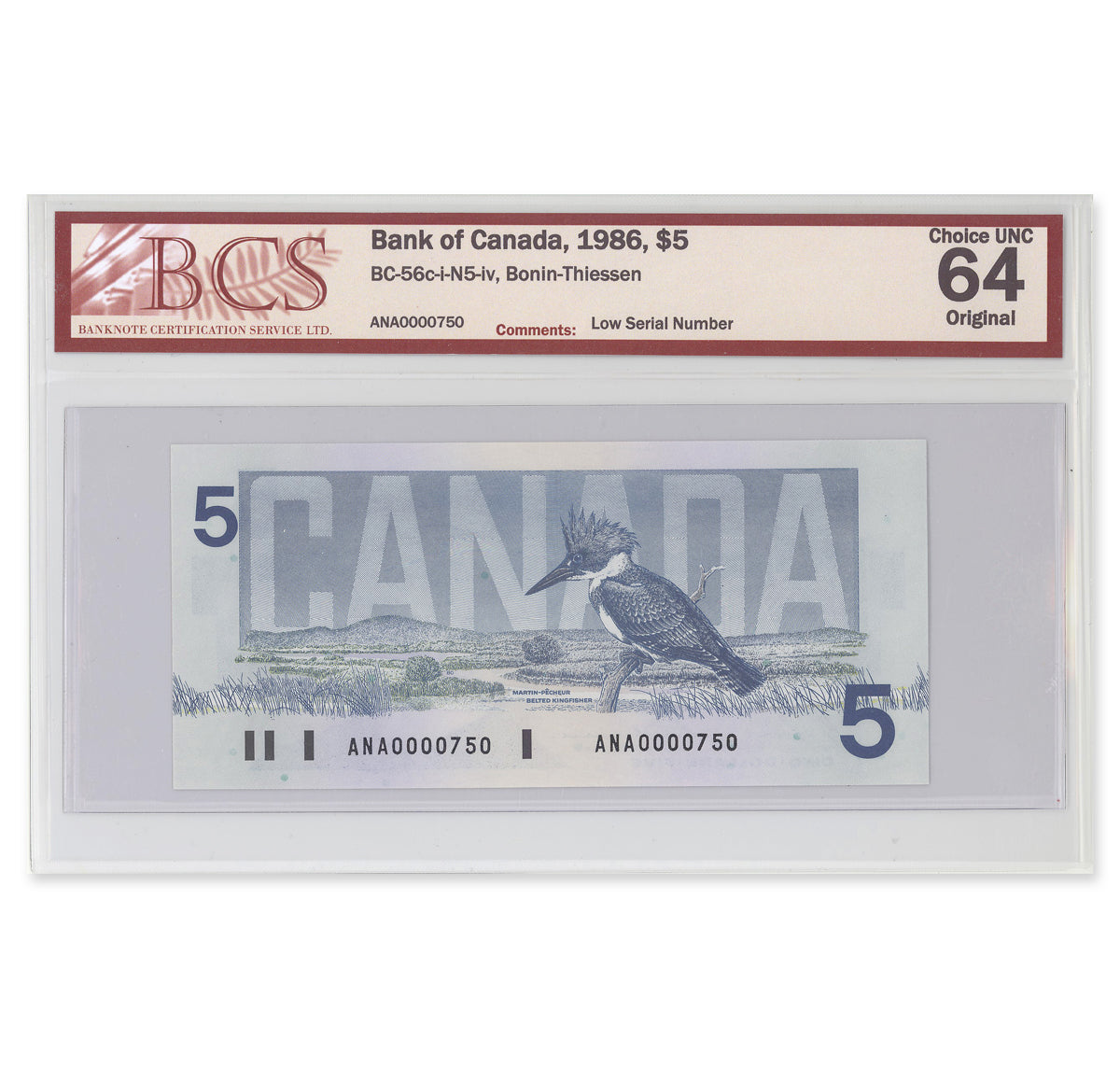 1986 $5 and $10 Low Serial # Pair BC-56c-i-N5-iv, BC-56c-i-N5-iv Bonin-Thiessen Prefix ANA, ADA BCS CUNC-64 Original