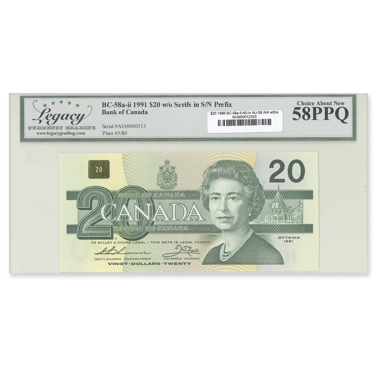 1986 $20 Low Serial # BC-58a-ii-N5-iv Thiessen-Crow Prefix AIA without serifs LEGACY AU-58 PPQ