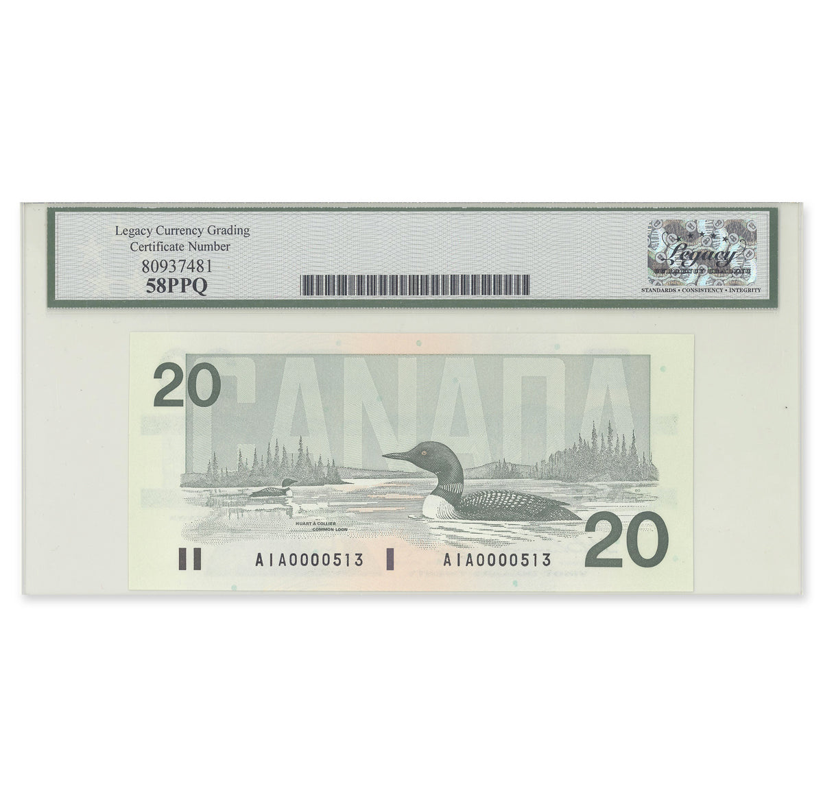 1986 $20 Low Serial # BC-58a-ii-N5-iv Thiessen-Crow Prefix AIA without serifs LEGACY AU-58 PPQ
