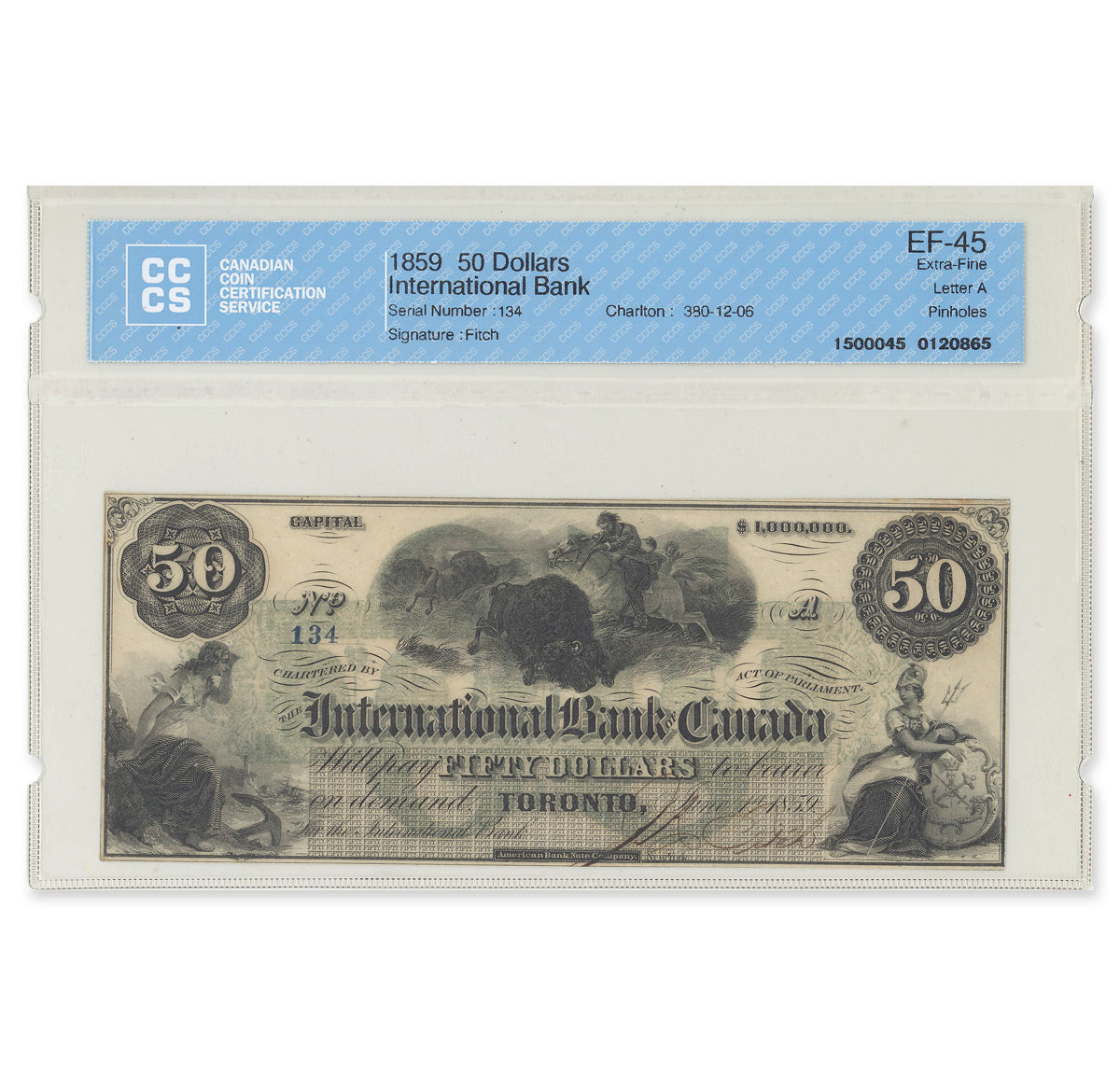 1859 $50 380-12-06 Fitch CCCS EF-45 with original ABN Buffalo Hunting vignette