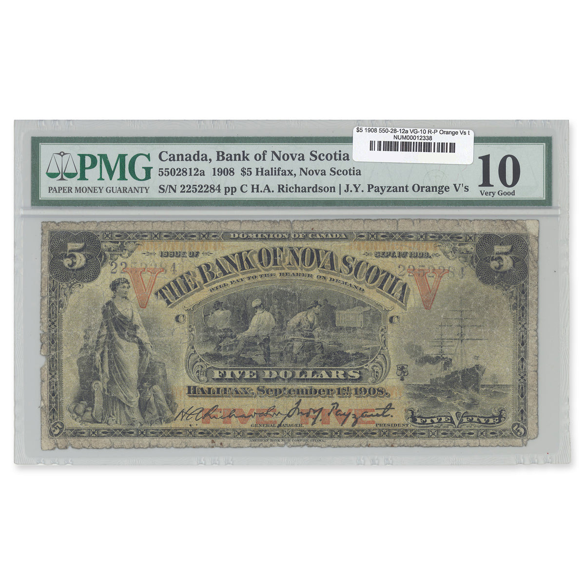 1908 $5 550-28-12a Orange Vs typed l. Richardson-Payzant PMG VG-10