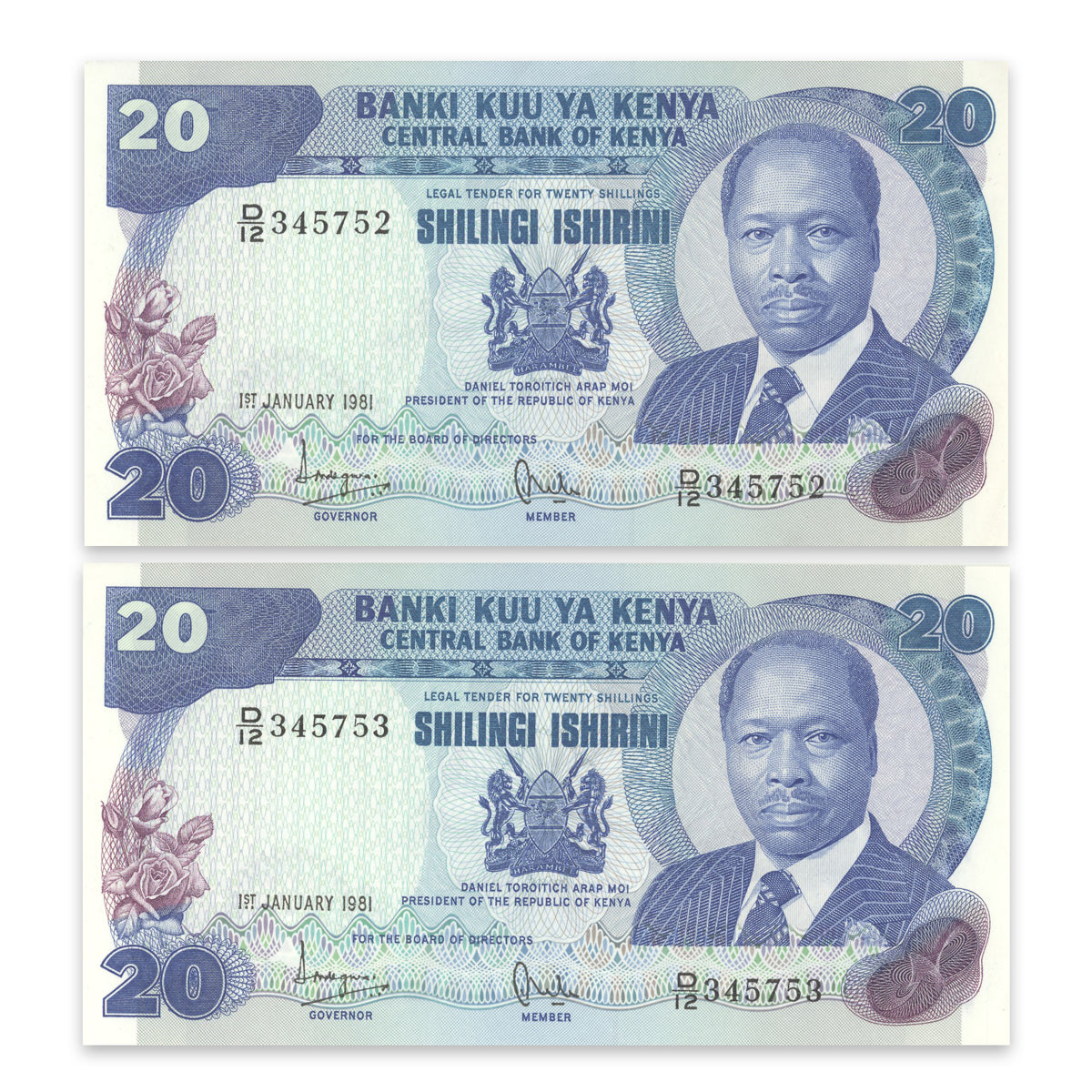 Kenya 20 Shillings 1981 Consecutive Pair P# 21a Consec AU-55