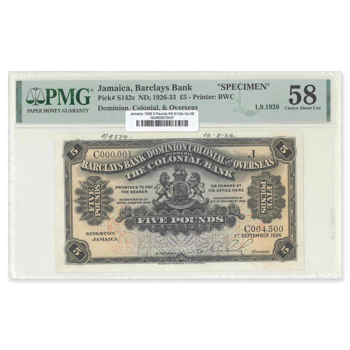 Jamaica - Barclays Bank 1926 5 Pounds P# S142s Specimen PMG AU-58 with Printer's Annotations