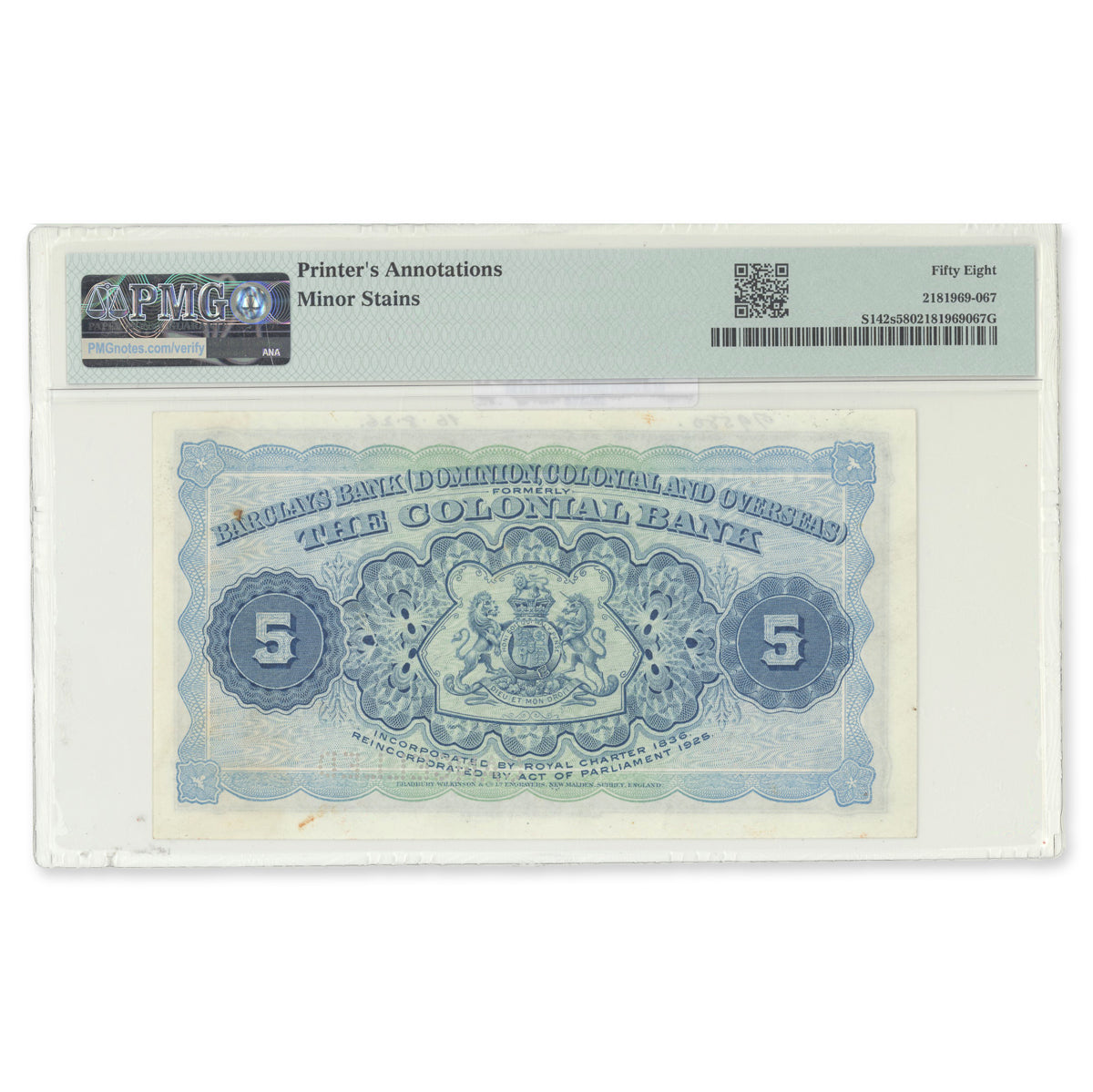 Jamaica - Barclays Bank 1926 5 Pounds P# S142s Specimen PMG AU-58 with Printer's Annotations