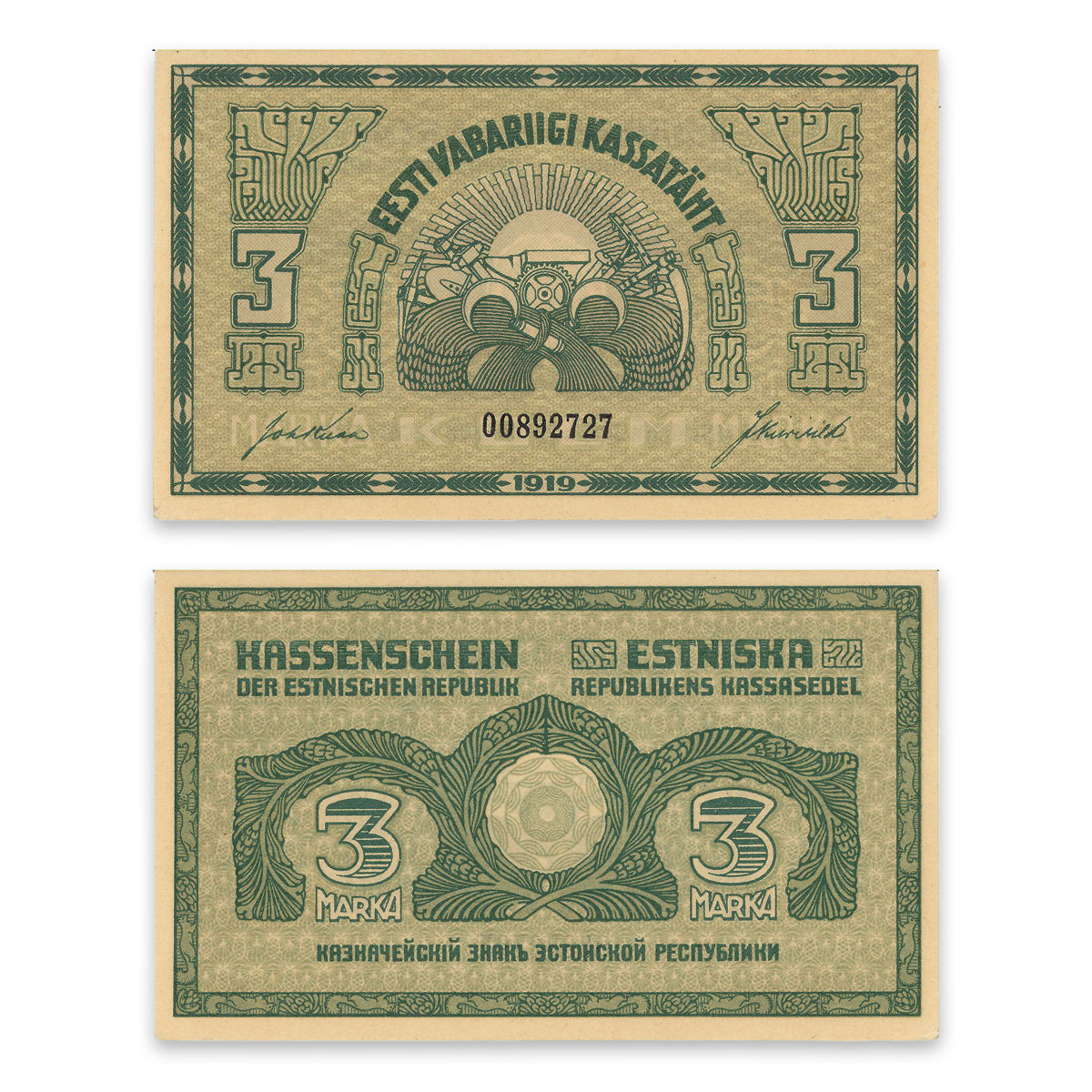 Estonia - Eesti Vabariigi Kassatäht 1919 3 Marka P# 44a UNC-60