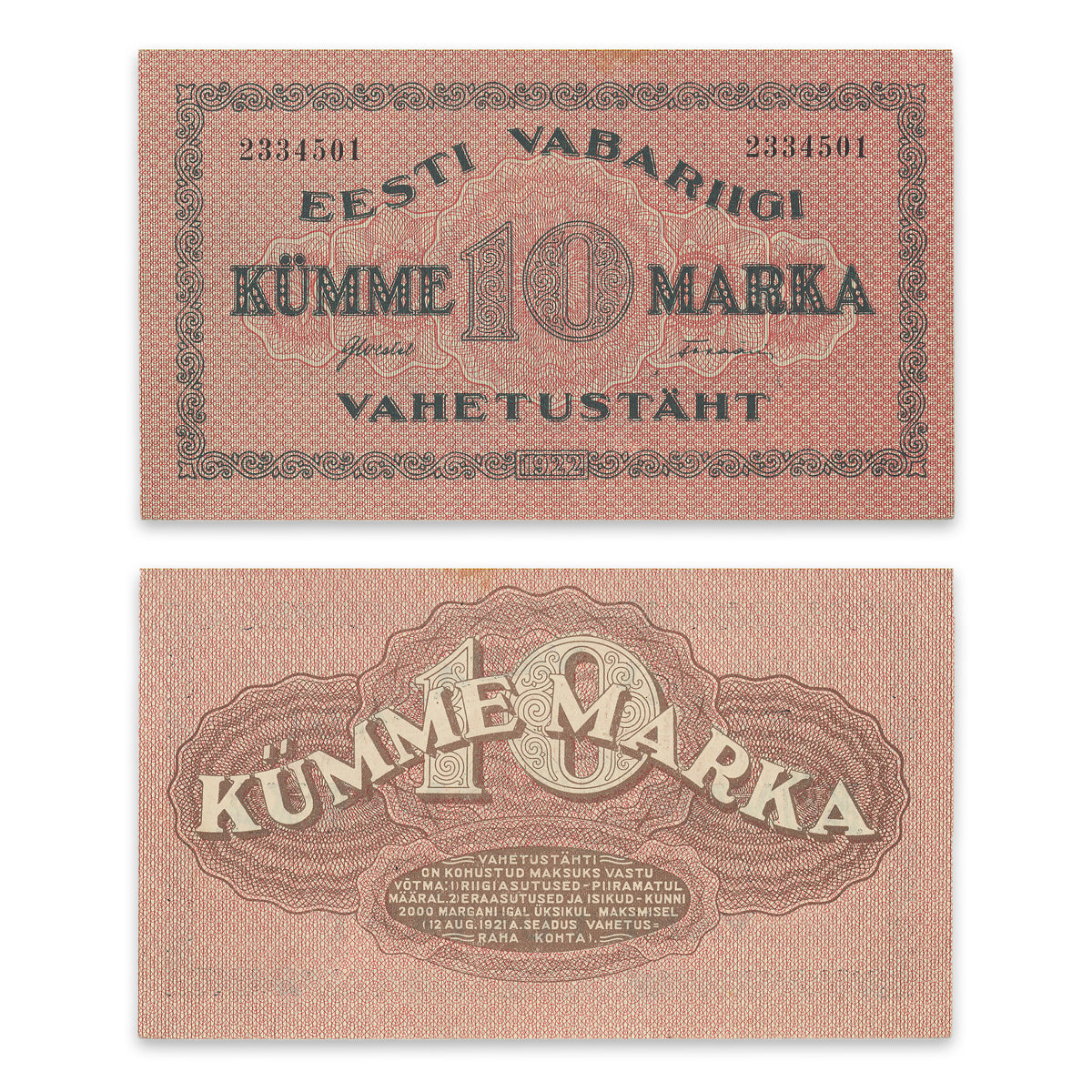 Estonia - Eesti Vabariigi Vahetustäht 1922 10 Marka P# 53a UNC-60