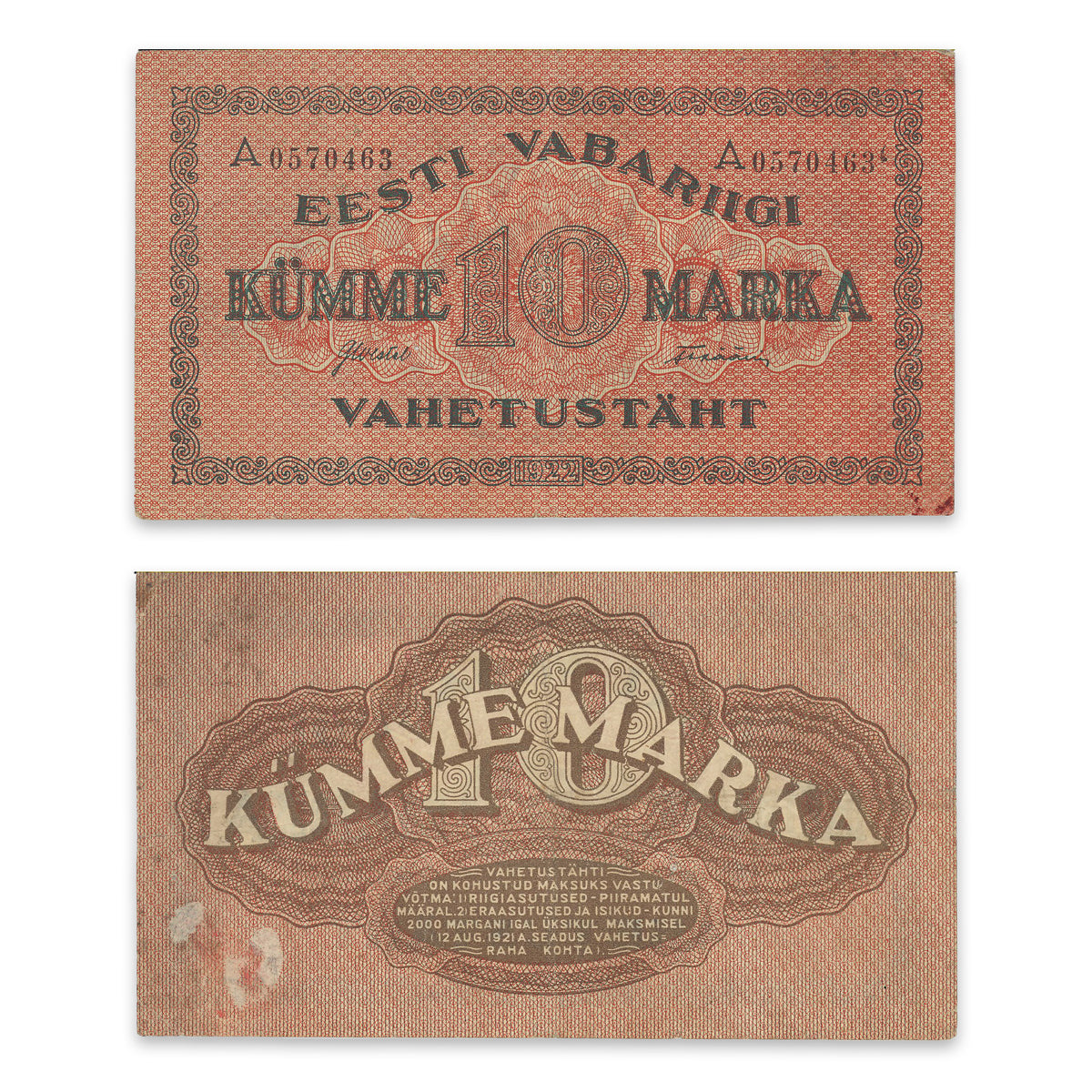 Estonia - Eesti Vabariigi Vahetustäht 1922 10 Marka P# 53b VF-30