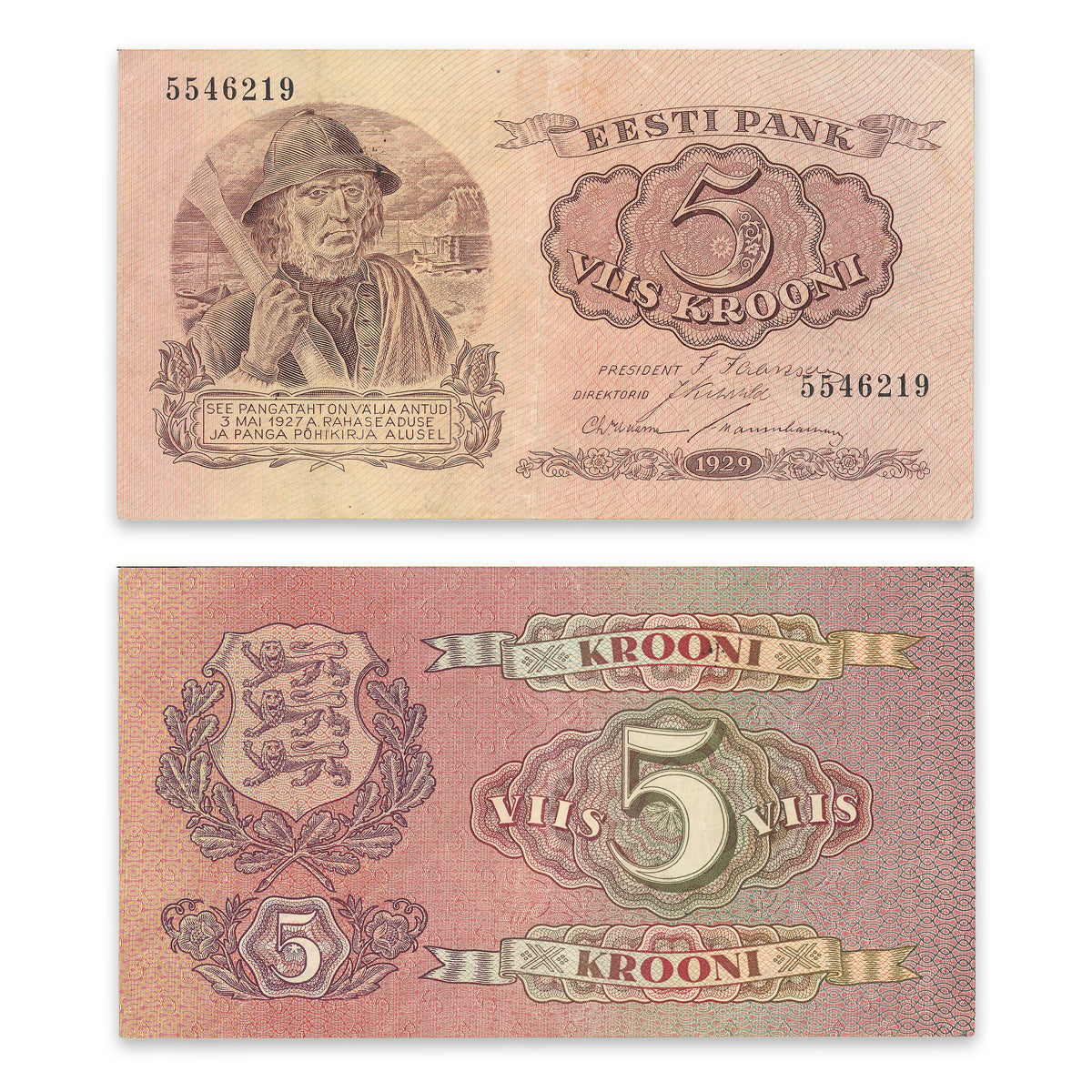 Estonia - Eesti Pank 1929 5 Krooni P# 62a VF-25