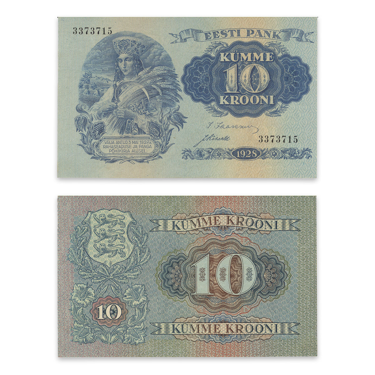 Estonia - Eesti Pank 1928 10 Krooni P# 63a AU-55