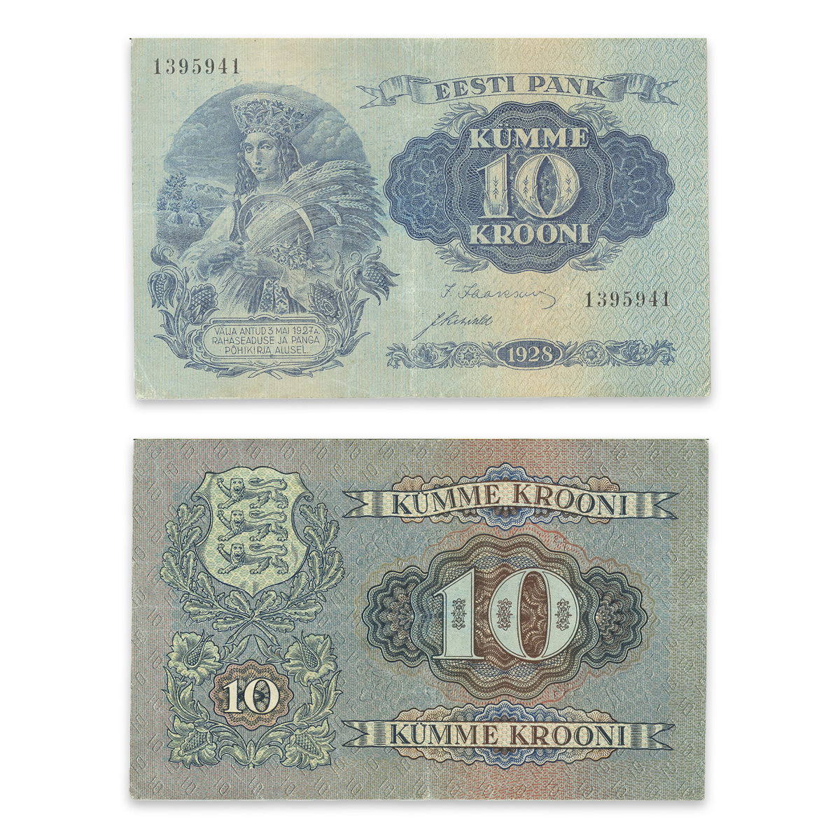 Estonia - Eesti Pank 1928 10 Krooni P# 63a VF-25