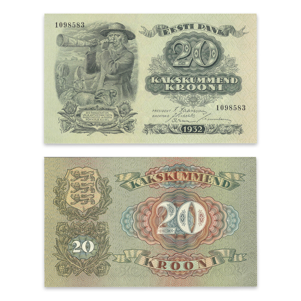 Estonia - Eesti Pank 1932 20 Krooni P# 64a AU-58