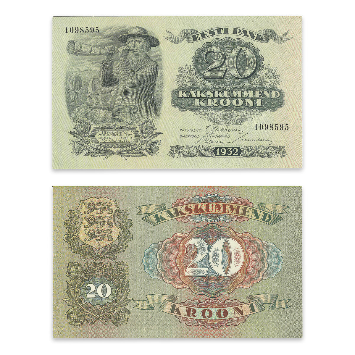 Estonia - Eesti Pank 1932 20 Krooni P# 64a AU-55