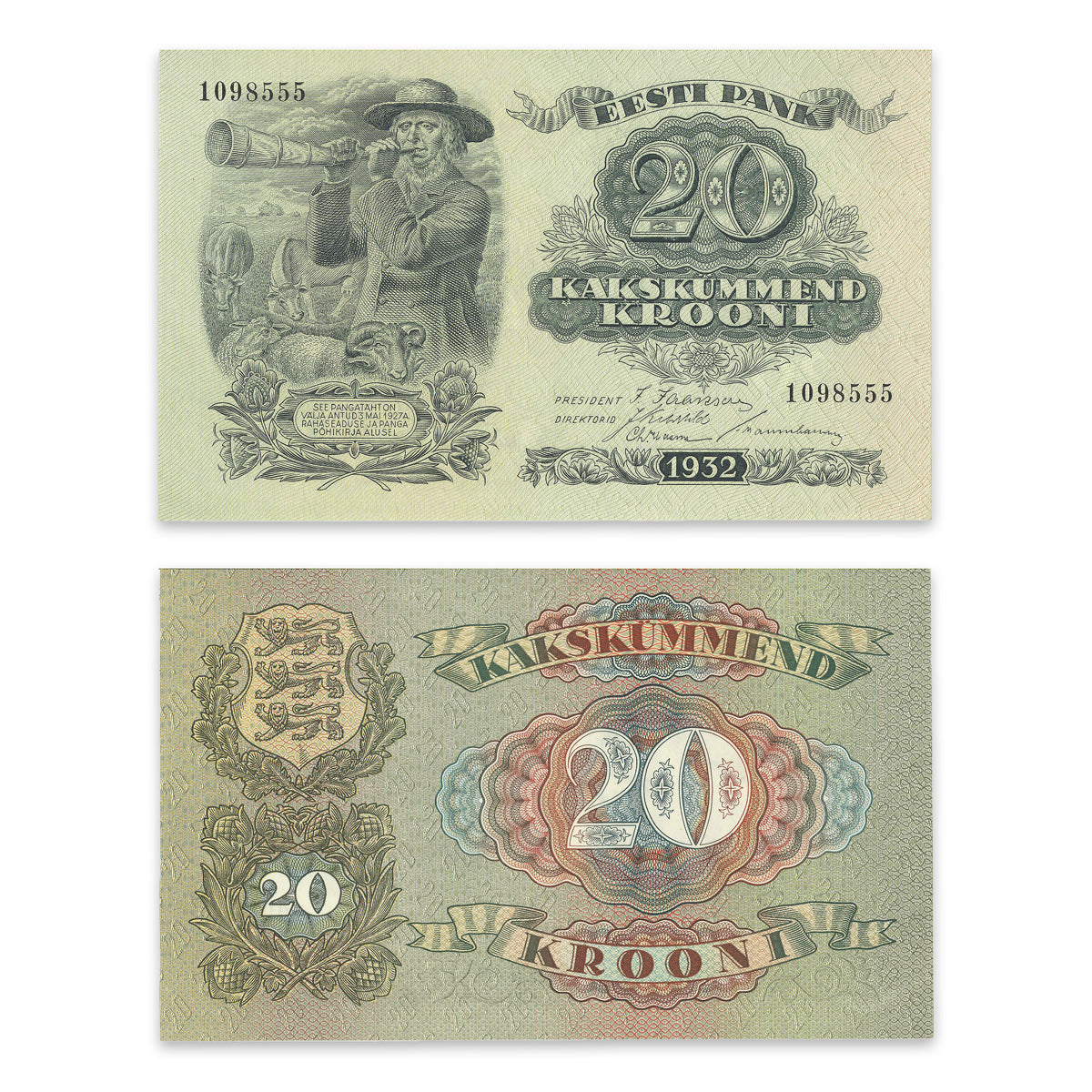 Estonia - Eesti Pank 1932 20 Krooni P# 64a AU-55