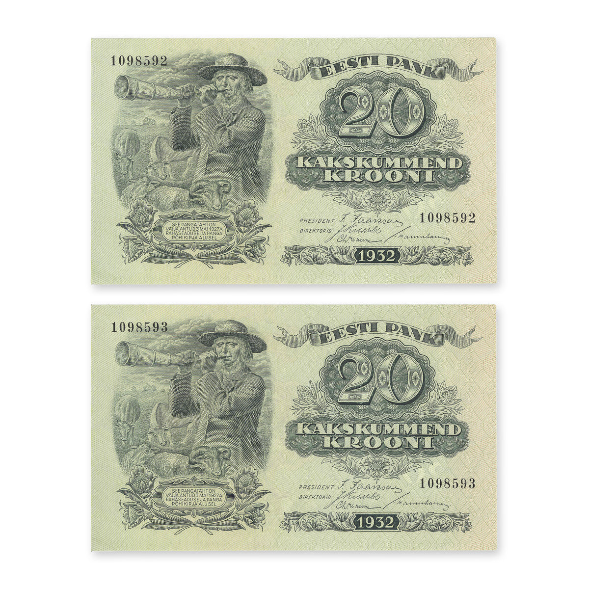 Estonia - Eesti Pank 1932 20 Krooni P# 64a Consecutive Pair AU-55