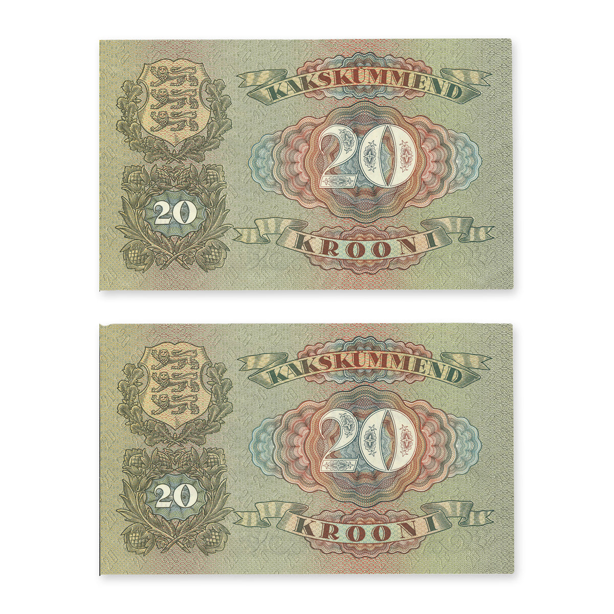 Estonia - Eesti Pank 1932 20 Krooni P# 64a Consecutive Pair AU-55