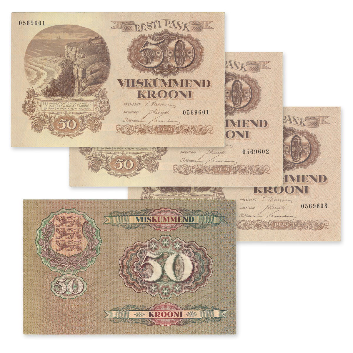 Estonia - Eesti Pank 1929 50 Krooni P# 65a 4 Consecutive AU-55
