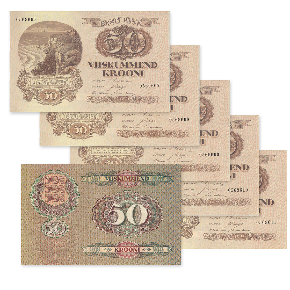 Estonia - Eesti Pank 1929 50 Krooni P# 65a 5 Consecutive UNC-60