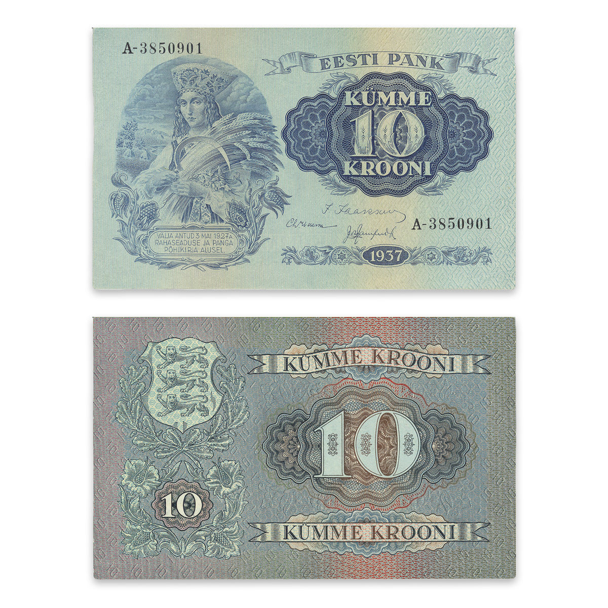 Estonia - Eesti Pank 1937 10 Krooni P# 67a AU-55
