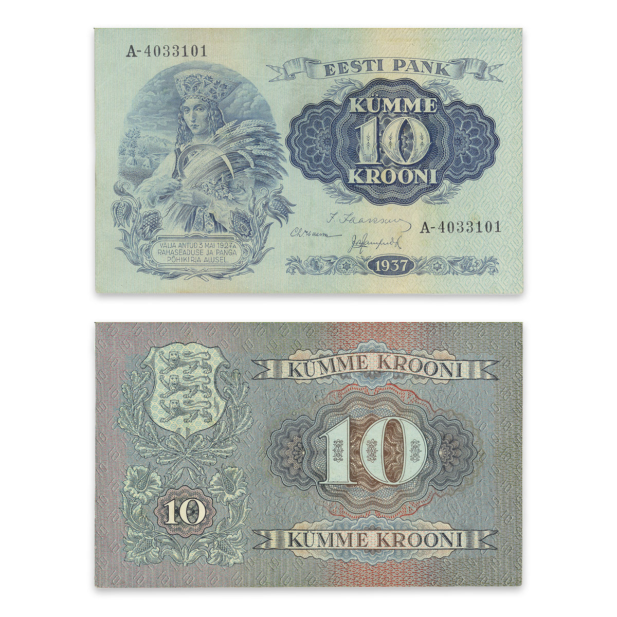 Estonia - Eesti Pank 1937 10 Krooni P# 67a AU-50